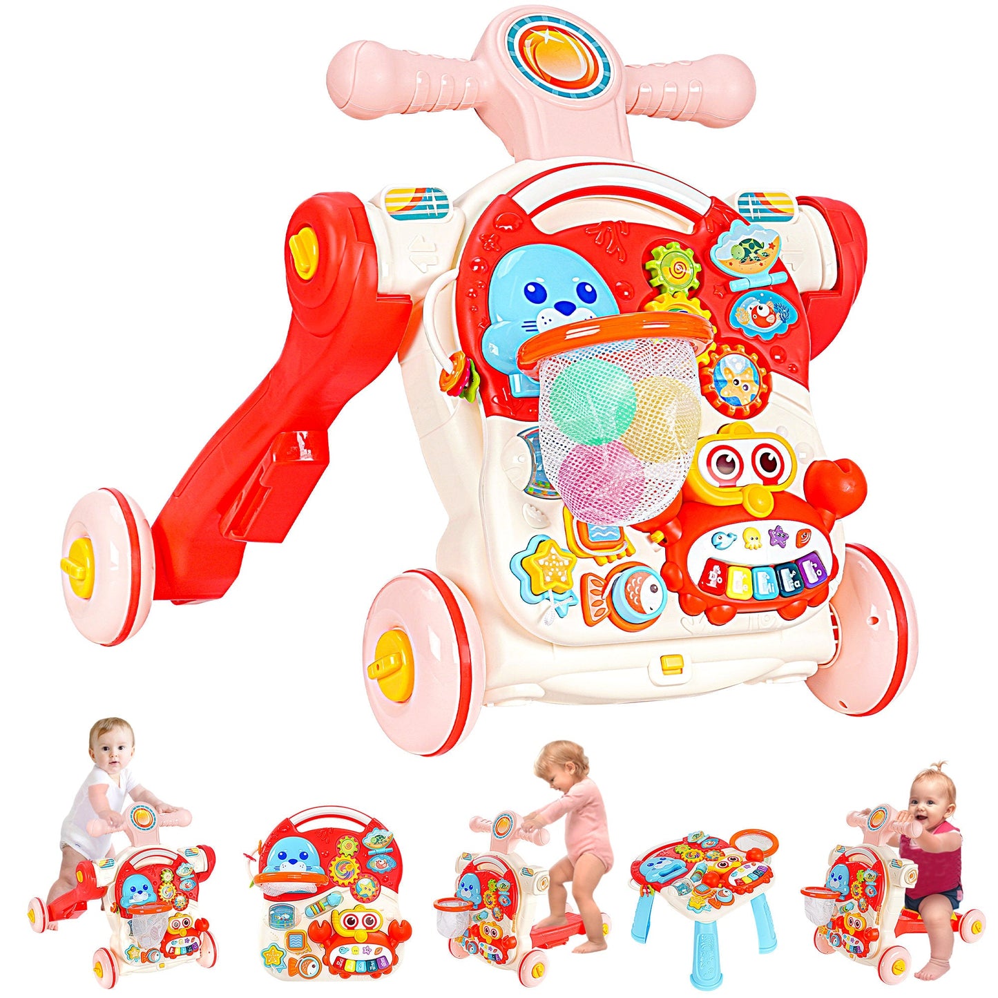 Huanger -Baby Activity Walker Sit-To-Stand Educational-Blue/Pink