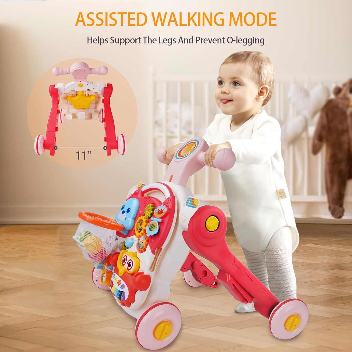 Huanger -Baby Activity Walker Sit-To-Stand Educational-Blue/Pink
