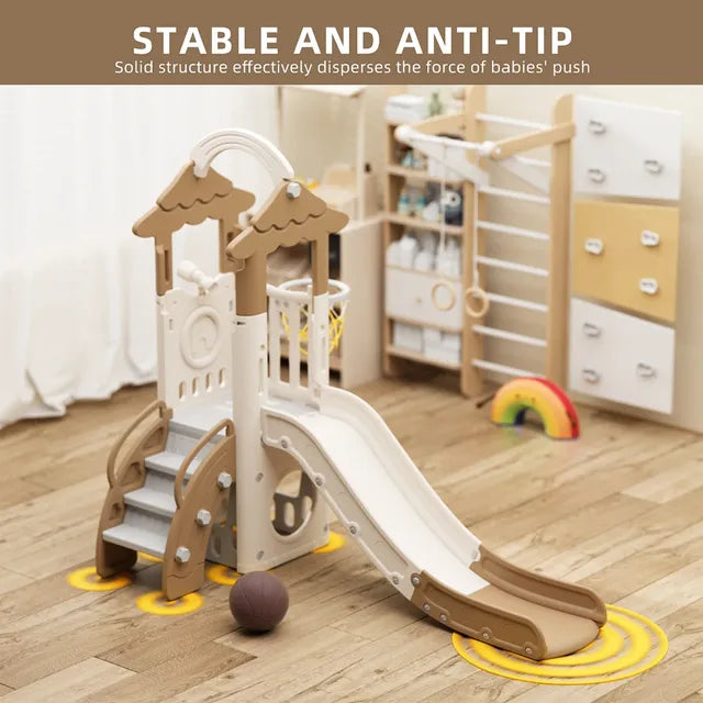 Little Angel Kids Slide, Climber & Basketball Hoop - Coffee/Green
