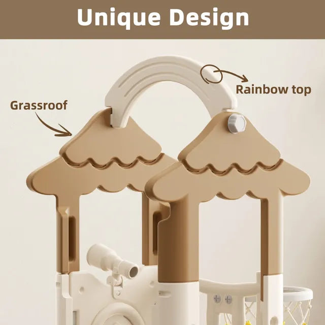 Little Angel Kids Slide, Climber & Basketball Hoop - Coffee/Green