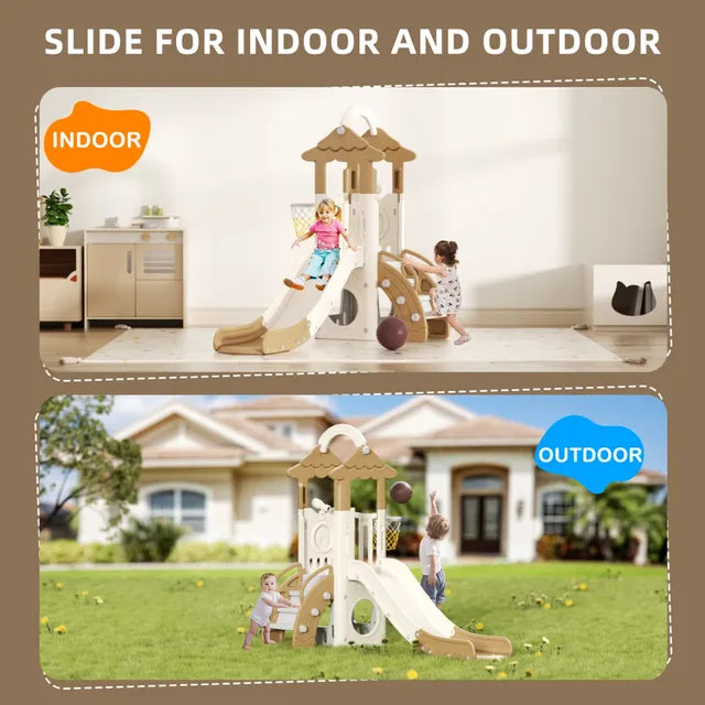 Little Angel Kids Slide, Climber & Basketball Hoop - Coffee/Green