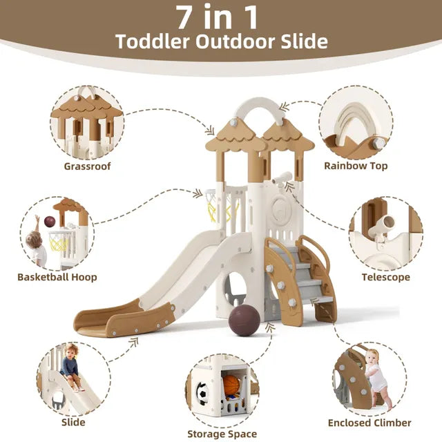 Little Angel Kids Slide, Climber & Basketball Hoop - Coffee/Green