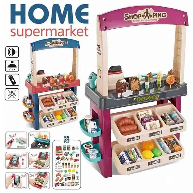Kids Pretend Supermarket Toy Set with 55 Pcs, Light, Sound, Scanner & Shopping Fun