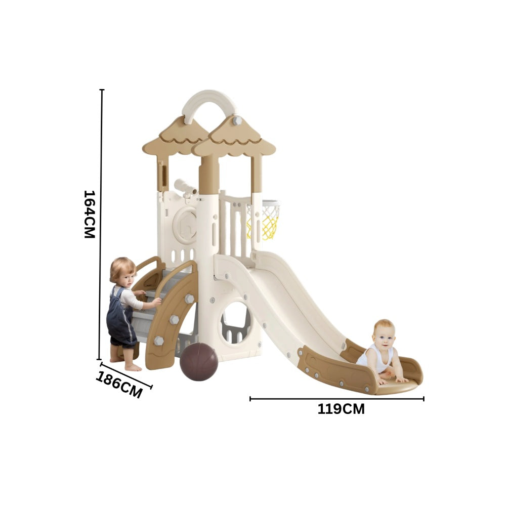 Little Angel Kids Slide, Climber & Basketball Hoop - Coffee/Green