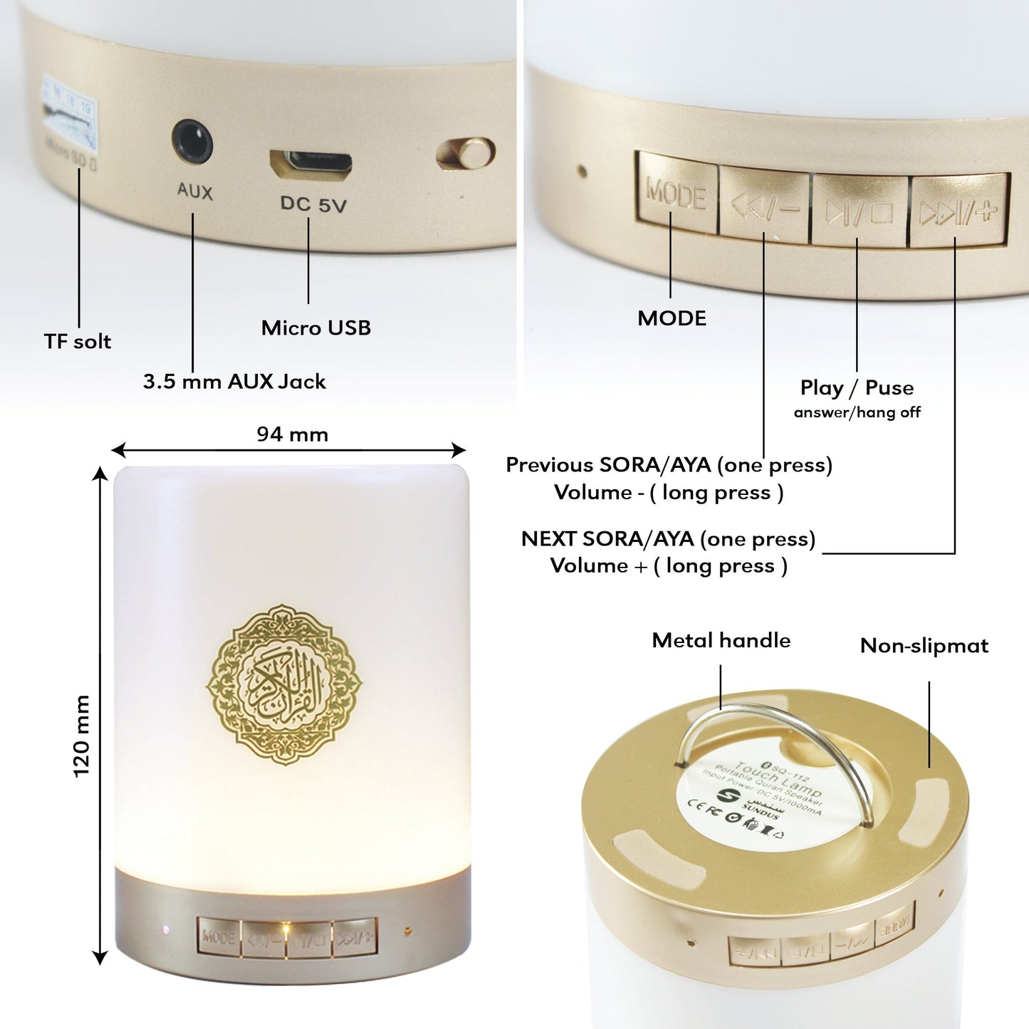 Luminous Quran Speaker with Touch-Activated Color-Changing Light