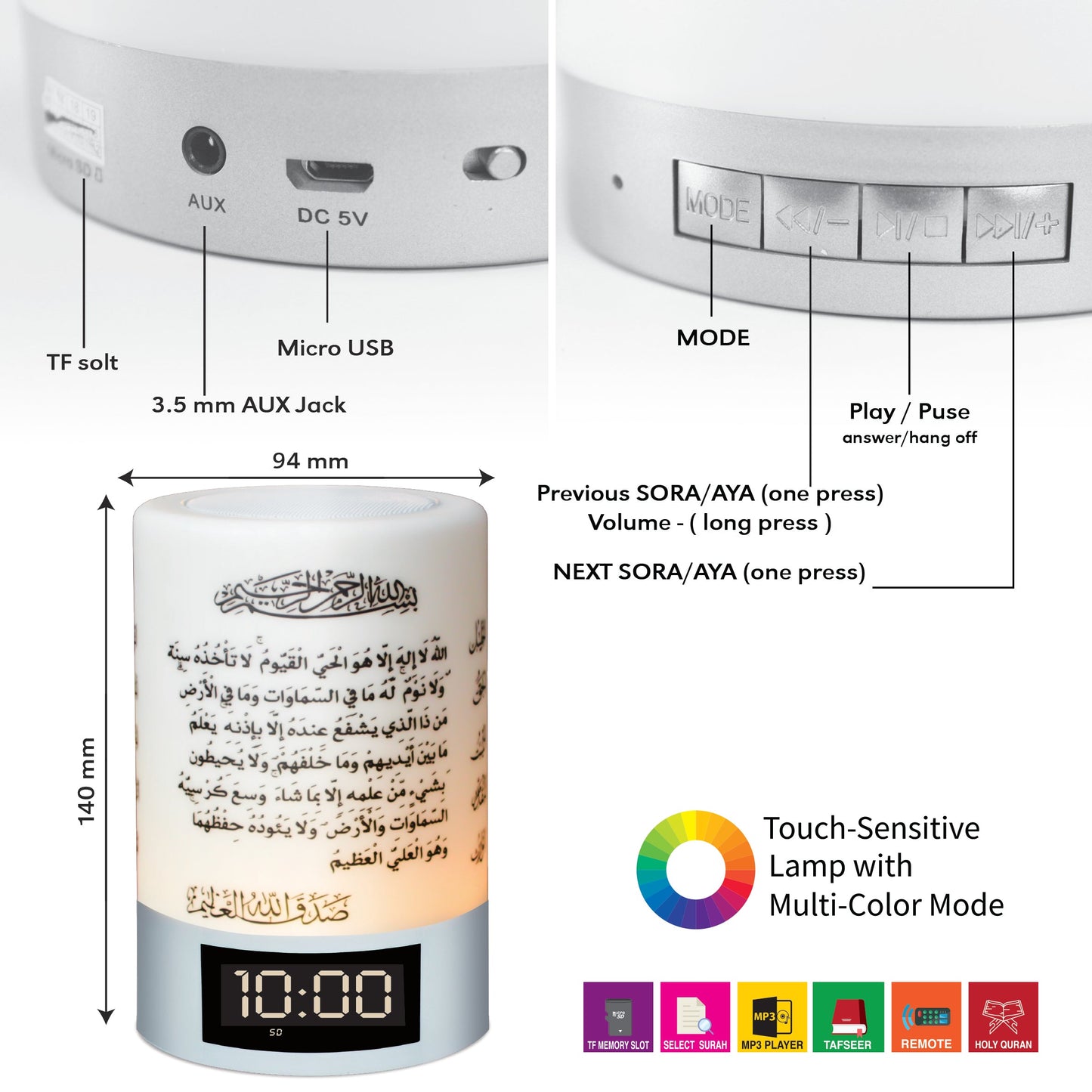 Portable Bluetooth Speaker with Built-in Light and Clock